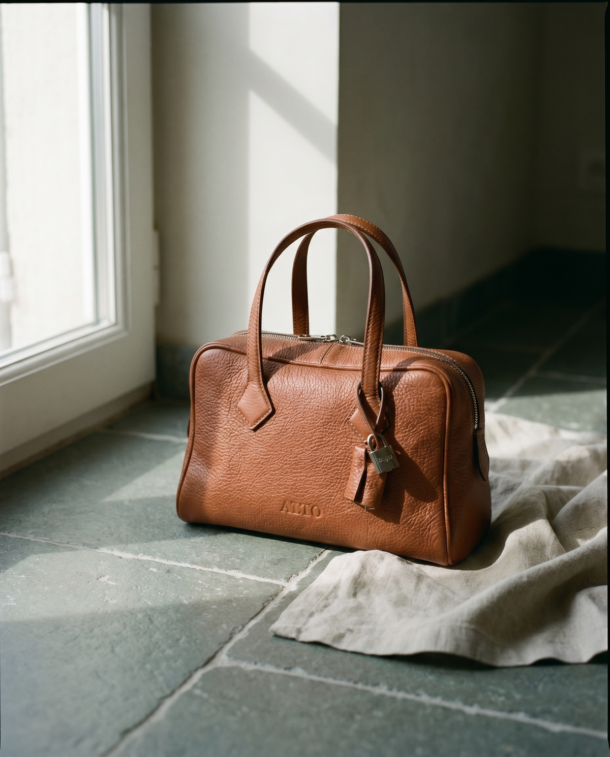 Cadène Cognac on stone tile with linen