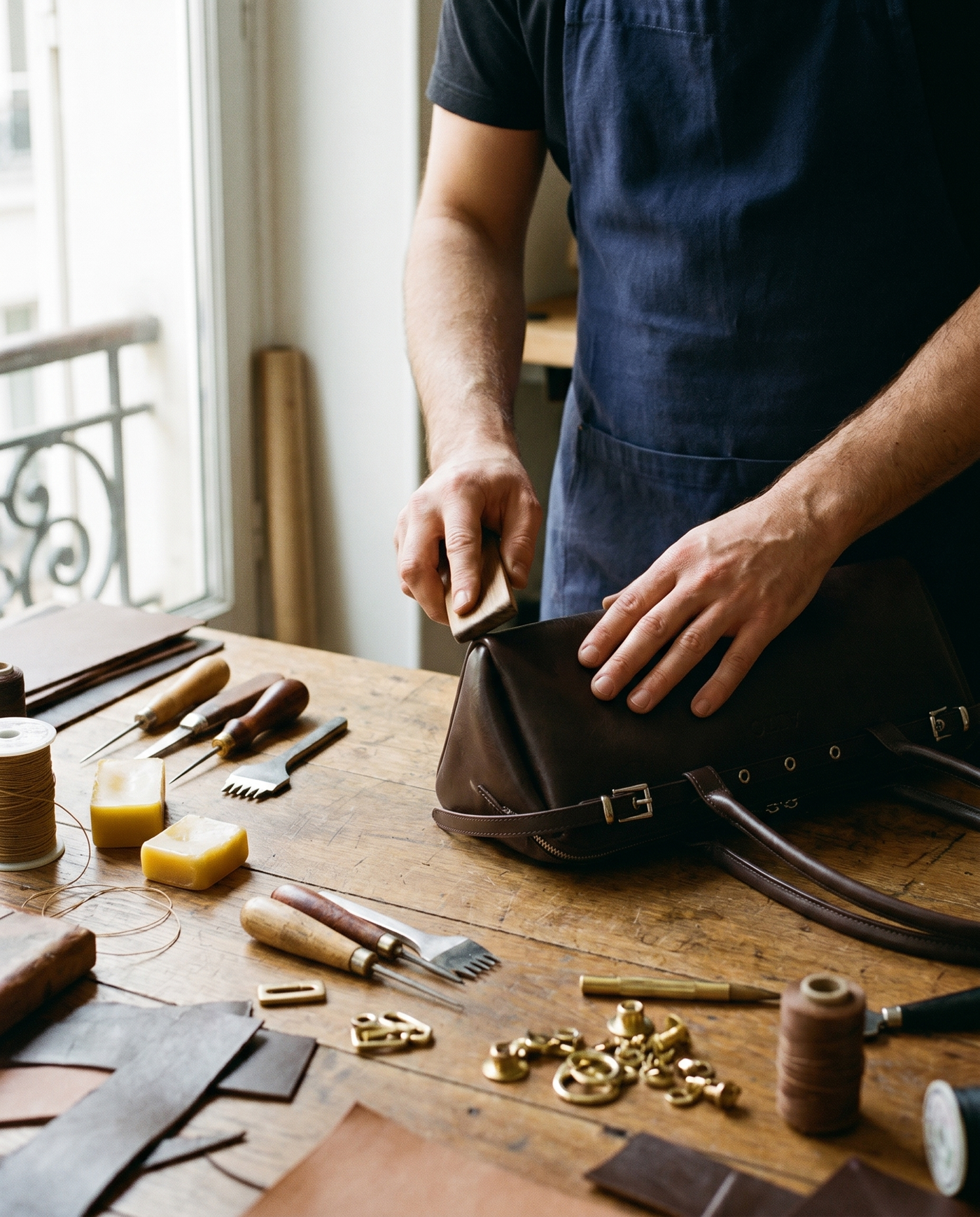 Artisan hands edge-burnishing leather at the ALTO Paris atelier